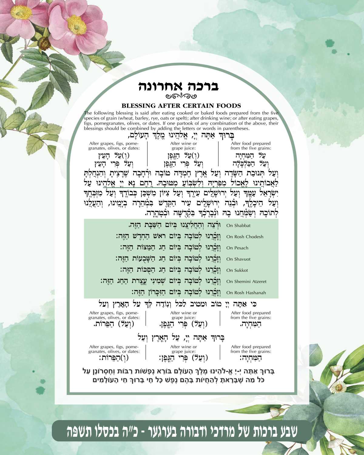 Botanic Birkat Achrona - Blessing After a Meal
