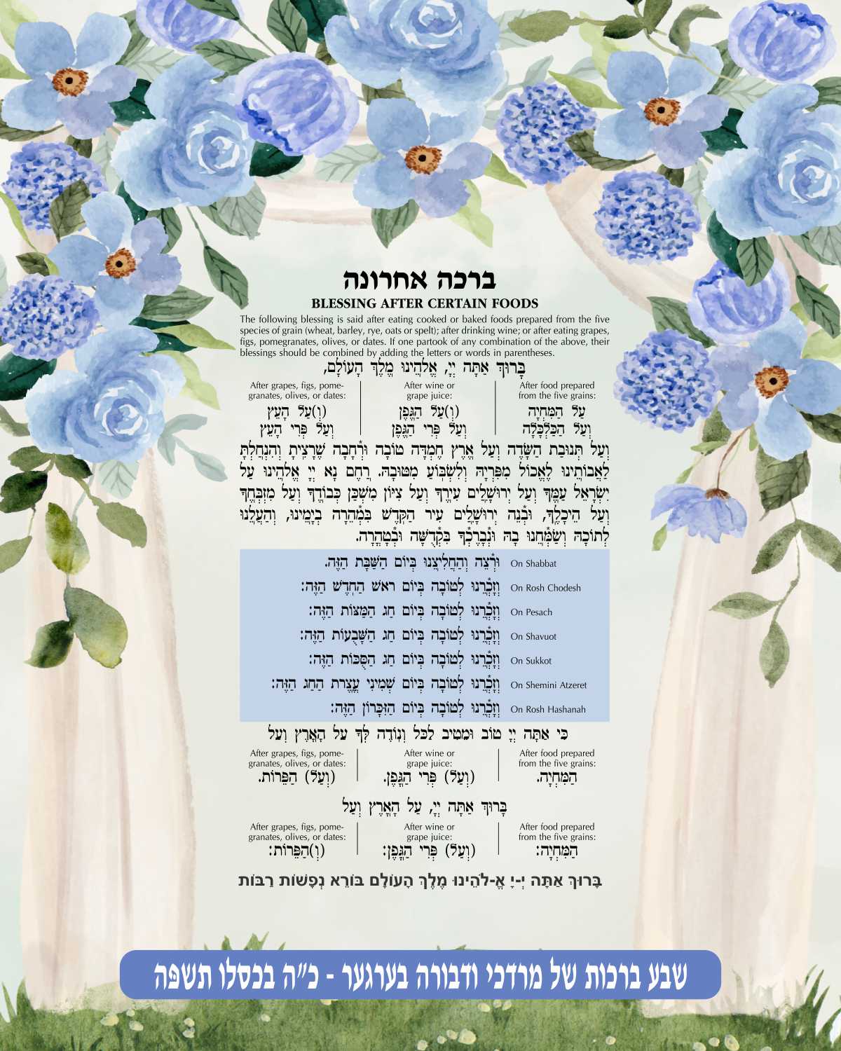 Blue Floral Birkat Achrona - Blessing After a Meal