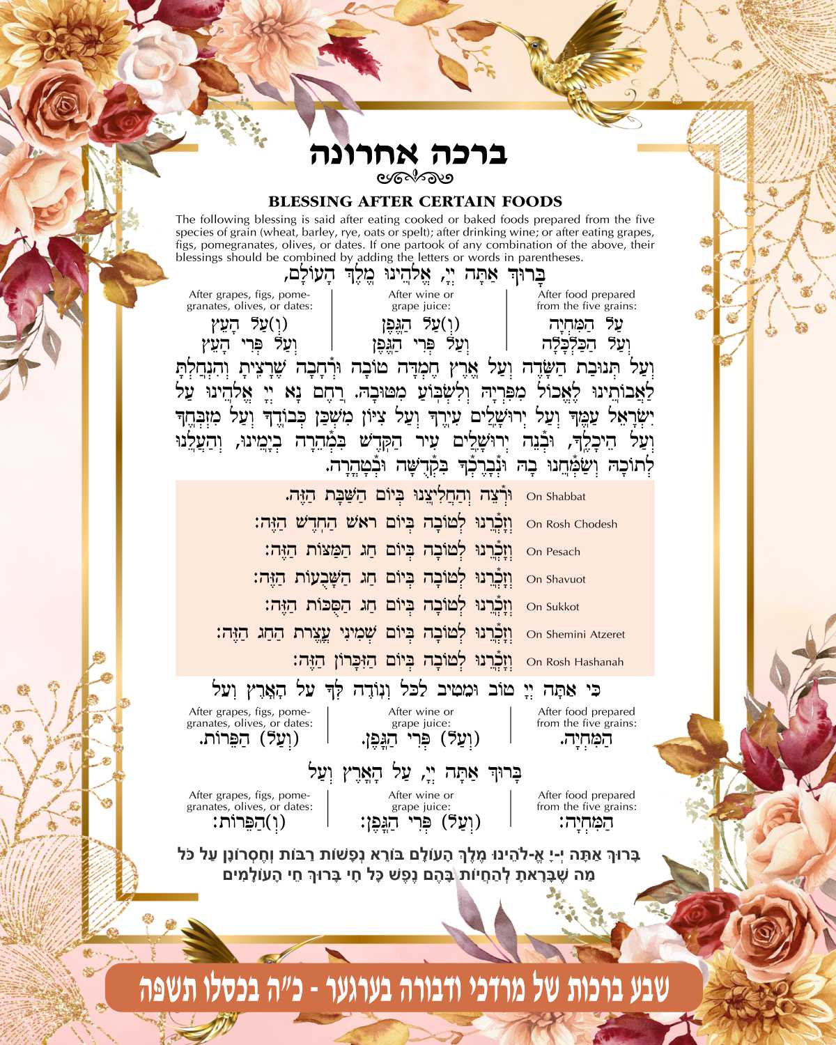 Flowery Frame Birkat Achrona - Blessing After a Meal