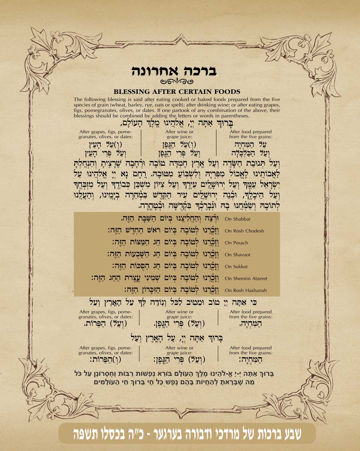 Vintage Birkat Achrona - Blessing After a Meal