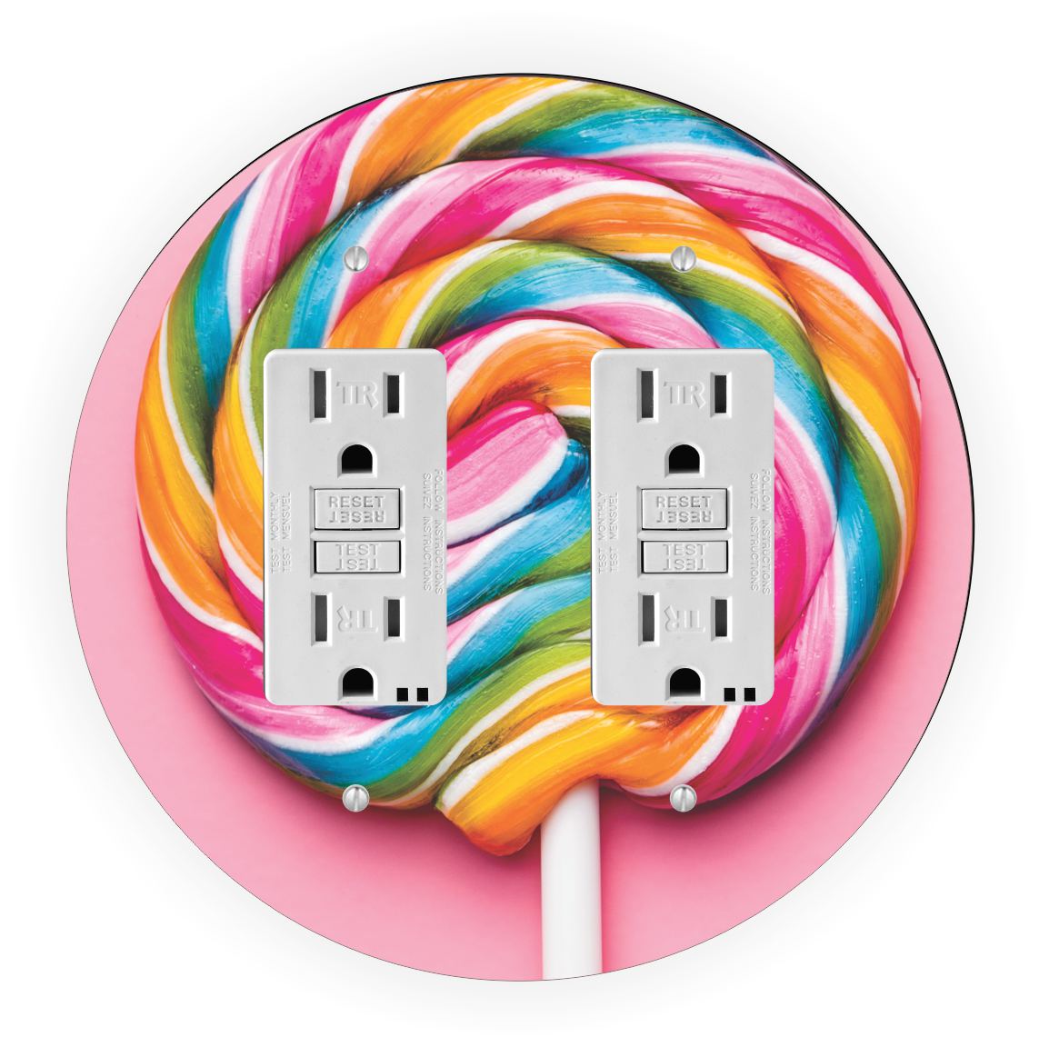 Sam Sandor - Pastel Pink Striped Lollipop Design - Round Light Switch Plate Cover - Double GFI