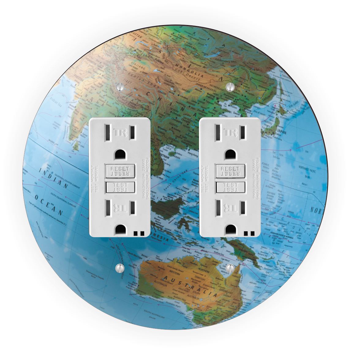 Sam Sandor - World Globe Blue Design - Round Light Switch Plate Cover - Double GFI