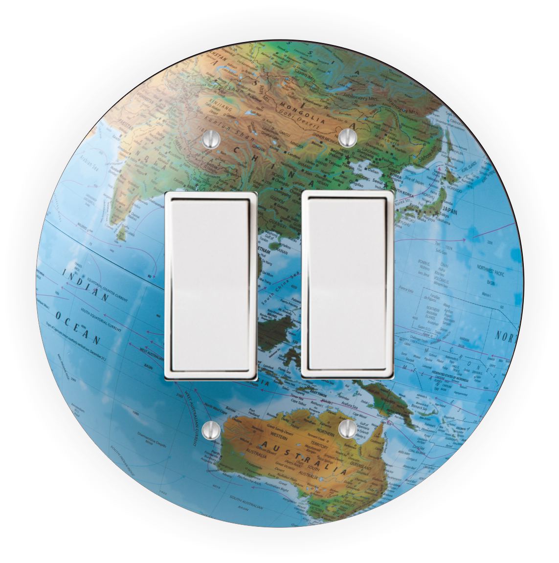 Sam Sandor - World Globe Blue Design - Round Light Switch Plate Cover - Single Rocker