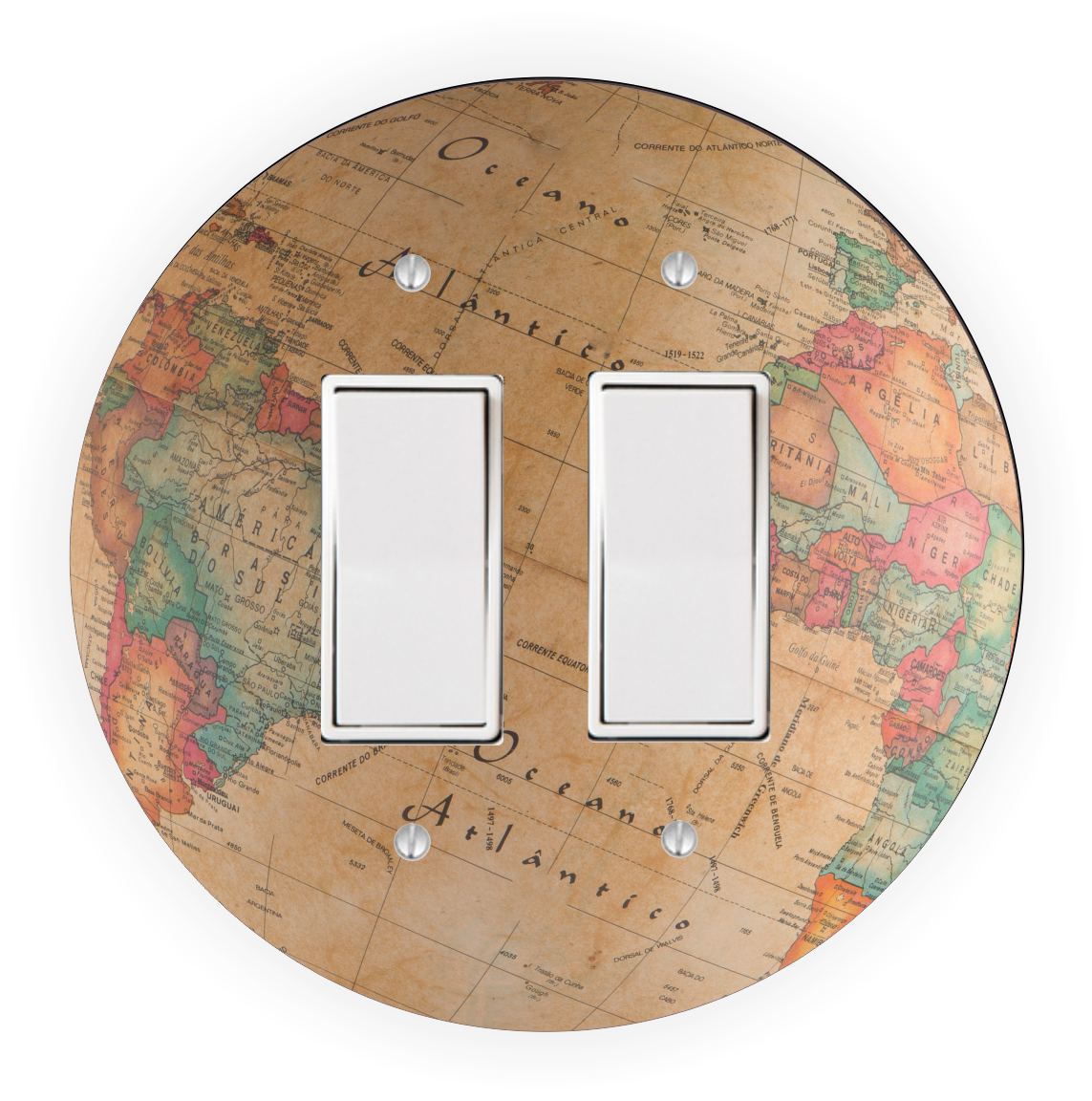 Sam Sandor - World Globe Vintage Design - Round Light Switch Plate Cover - Single Rocker