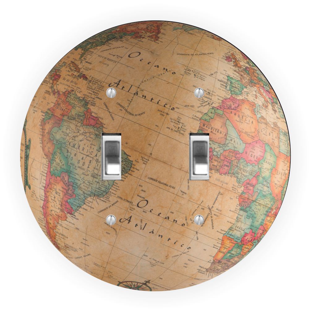 Sam Sandor - World Globe Vintage Design - Round Light Switch Plate Cover - Double Toggle