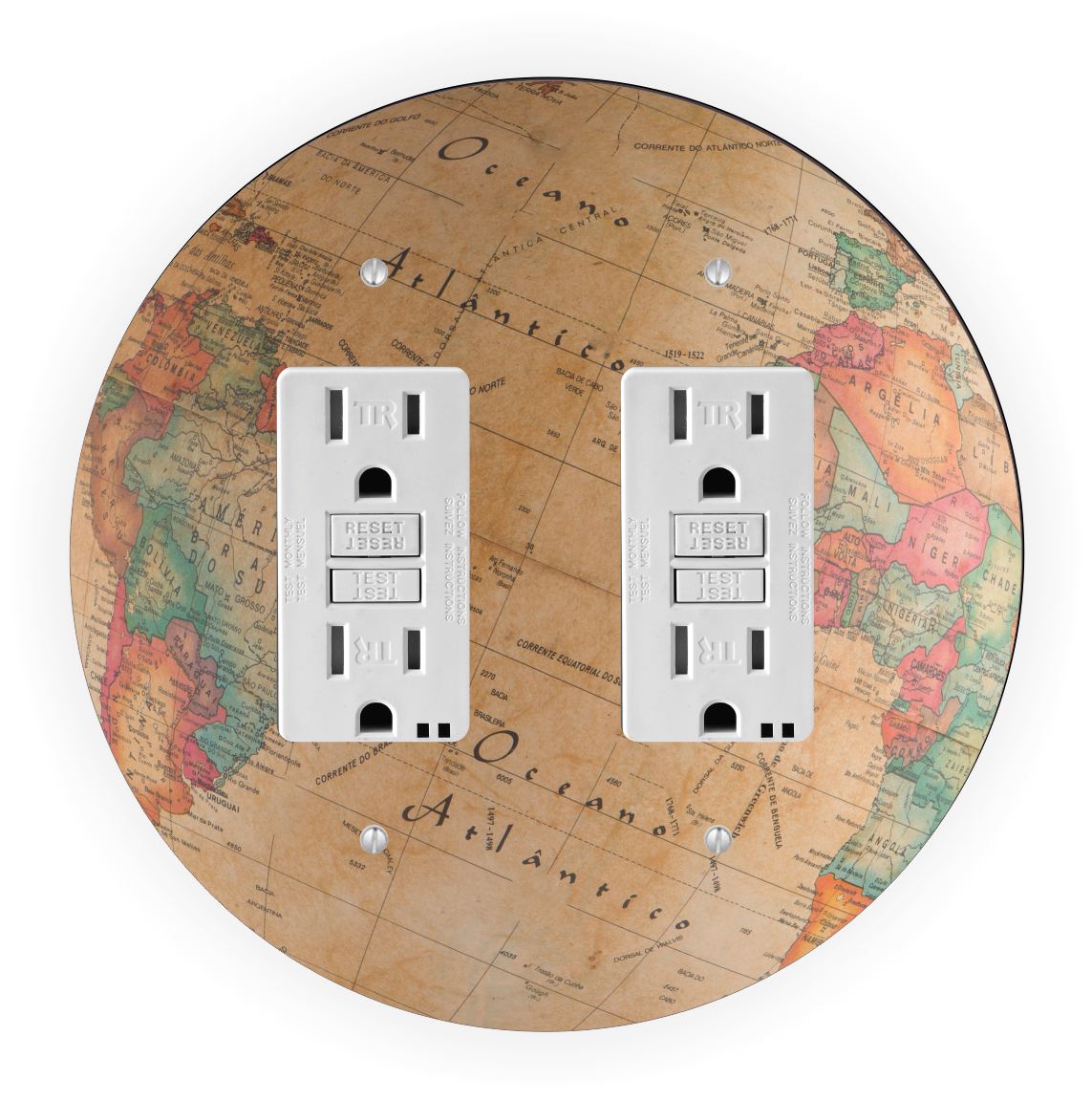 Sam Sandor - World Globe Vintage Design - Round Light Switch Plate Cover - Double GFI