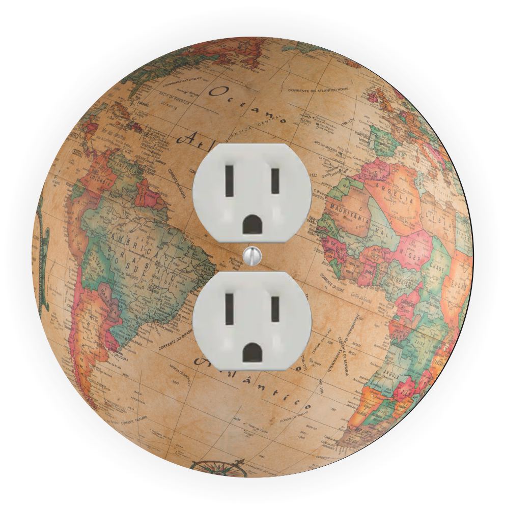 Sam Sandor - World Globe Vintage Design - Round Light Switch Plate Cover - Outlet Cover