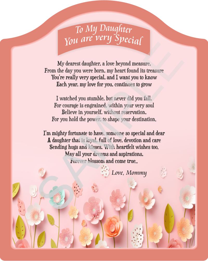 Poem for my Daughter from Mom - To my Daughter you are very special - Poem on Pink Floral Backdrop