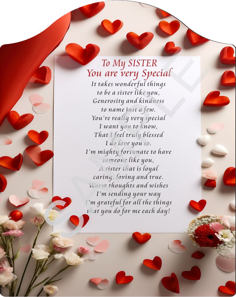 Poem for my Sister - To my Sister you are Very Special - Poem on Beautiful Red Heart Backdrop