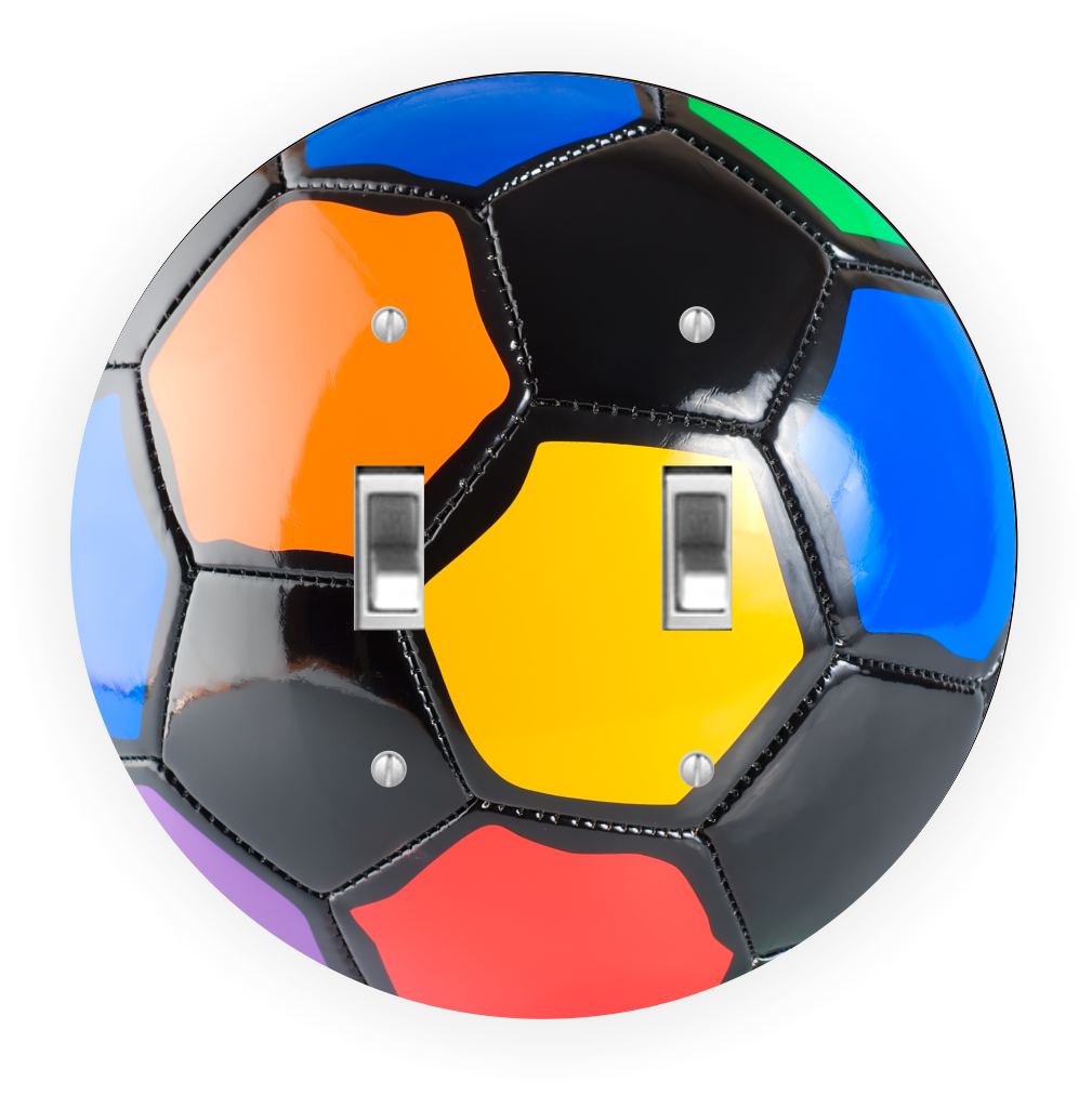 Sam Sandor - Colored Soccer Ball Design - Round Light Switch Plate Cover - Double Toggle