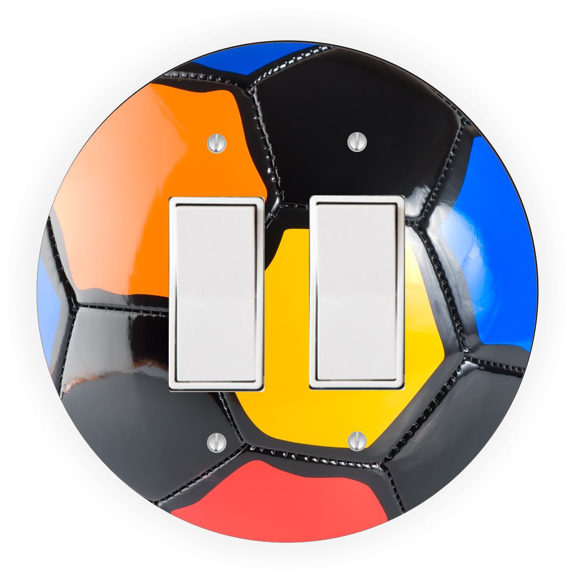 Sam Sandor - Colored Soccer Ball Design - Round Light Switch Plate Cover - Double Rocker