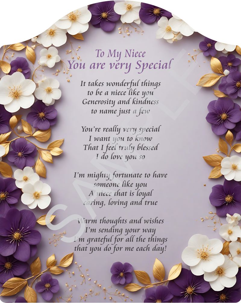 Poem for my Niece - To my Niece you are Very Special - Poem on Purple Floral Backdrop