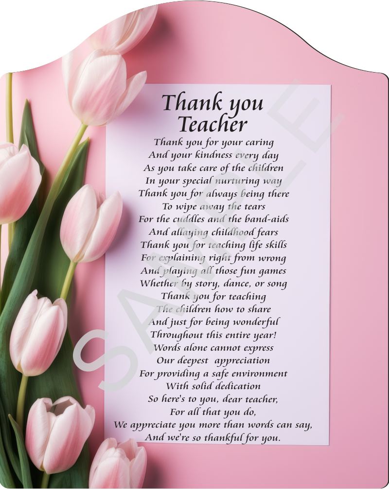 Poem for Teacher - Thank you Teacher - on Pink Backdrop with Tulips