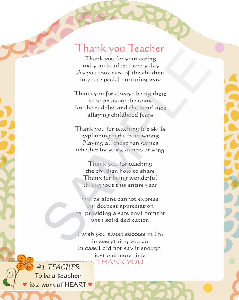 Poem for Teacher - Thank you Teacher - on Beautiful Pale Yellow patterned Backdrop