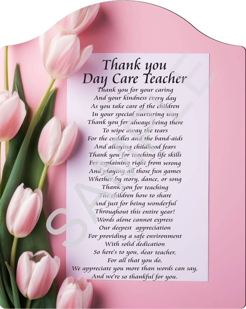 Poem for Day Care Teacher - Thank you Day Care Teacher - on Pink Backdrop with Tulips