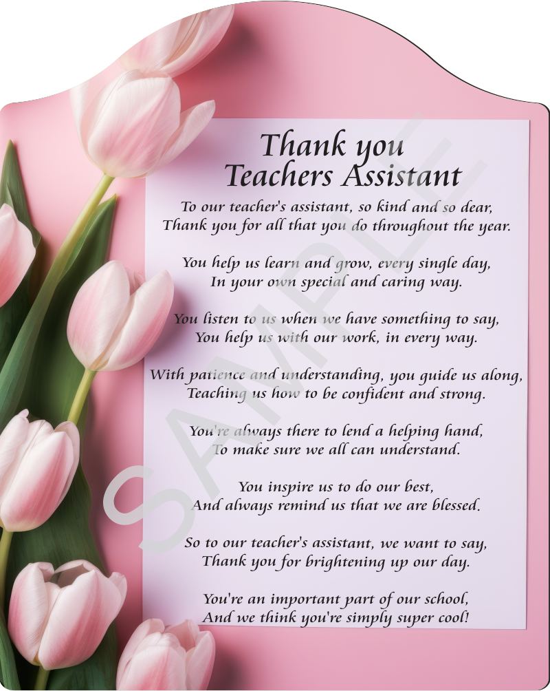 Poem for Teacher's Assistant - Thank you Teacher's Assistant - on Pink Backdrop with Tulips