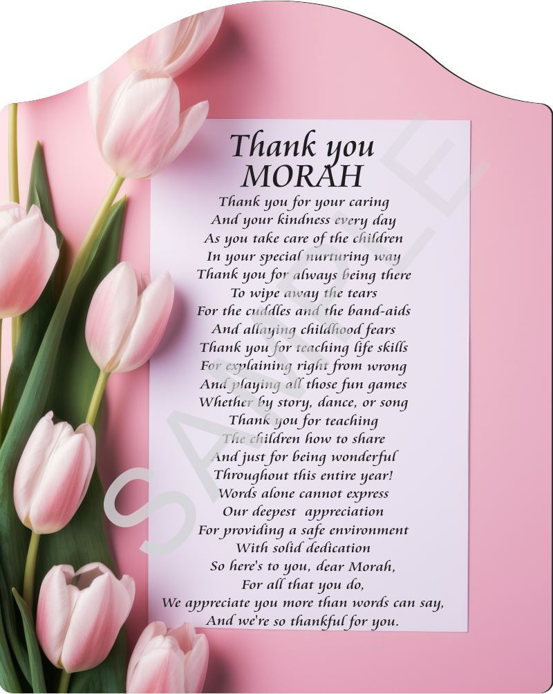 Poem for Morah - Thank you Morah - on Pink Backdrop with Tulips