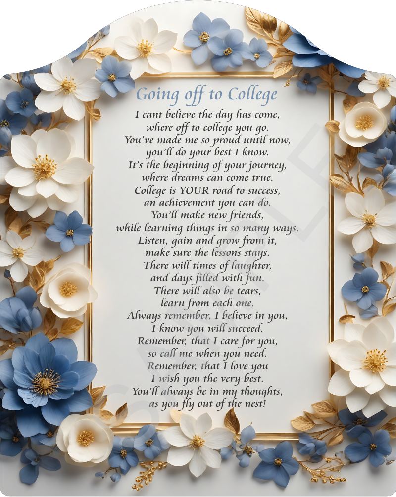 Going to College Gift - College Just Ahead - Poem on Blue Floral Backdrop Backdrop