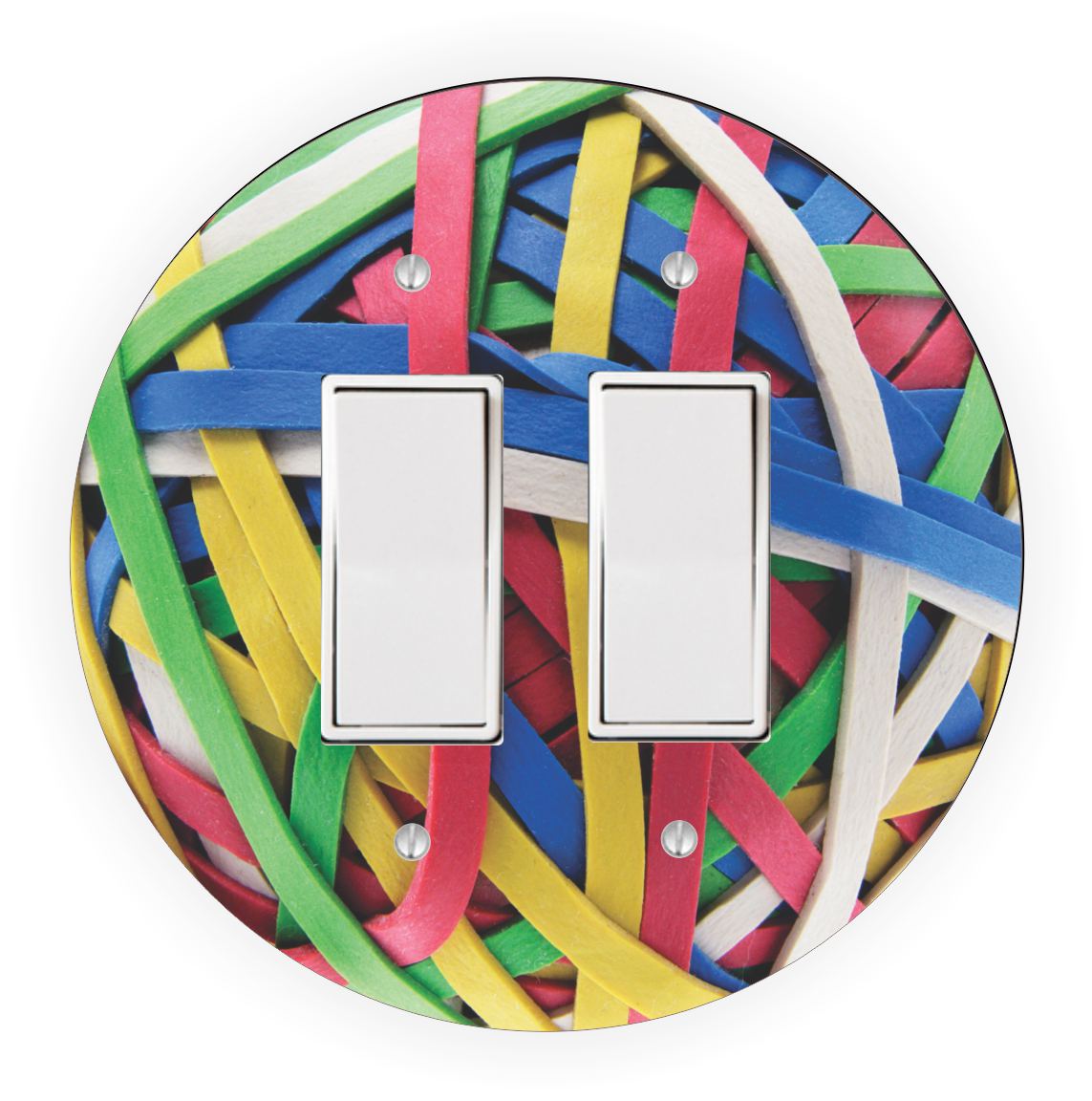 Sam Sandor - Rubber Ball Band Primary Design - Round Light Switch Plate Cover - Double Rocker