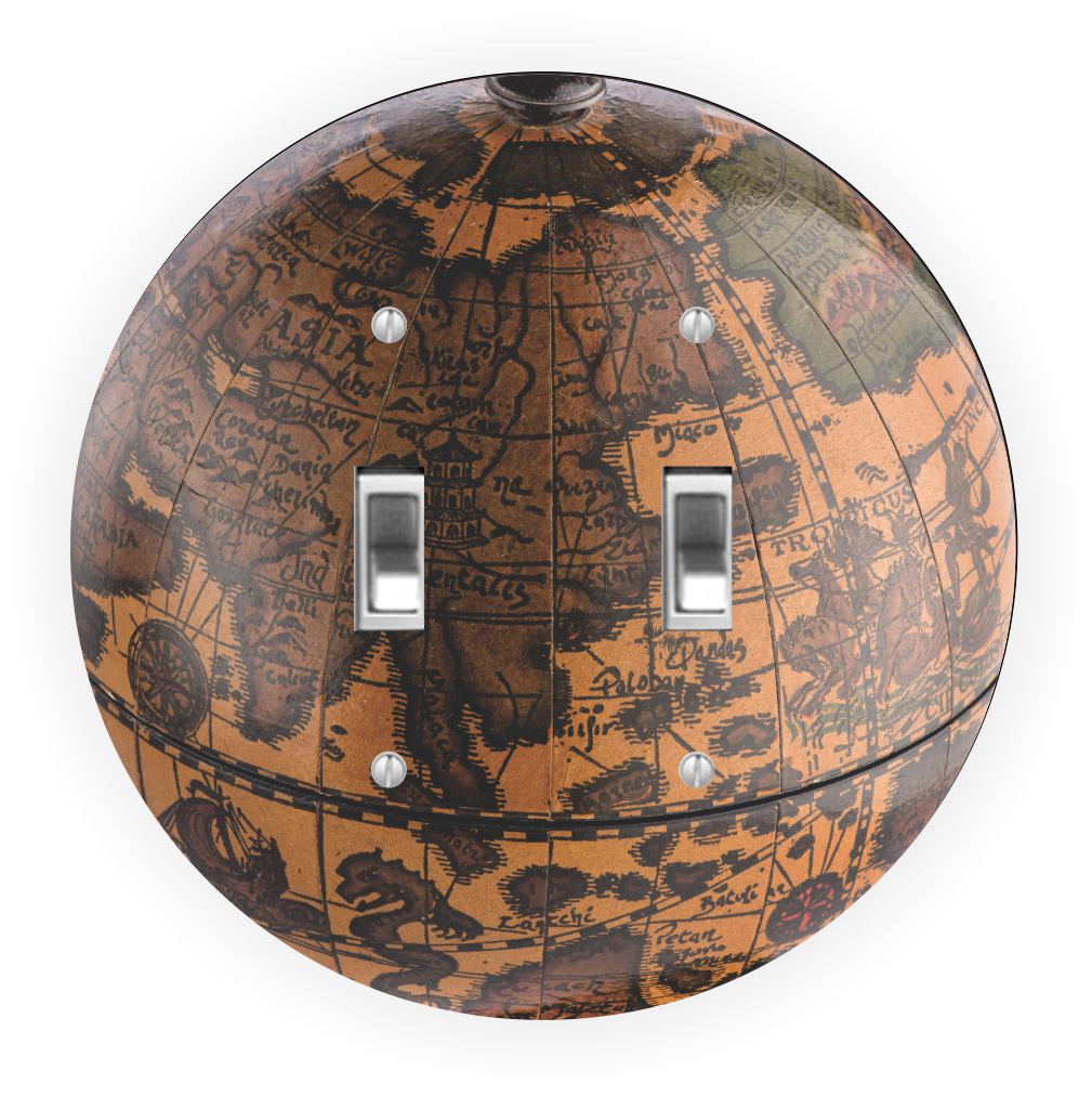 Sam Sandor - Vintage Brown Globe Design - Round Light Switch Plate Cover - Double Toggle