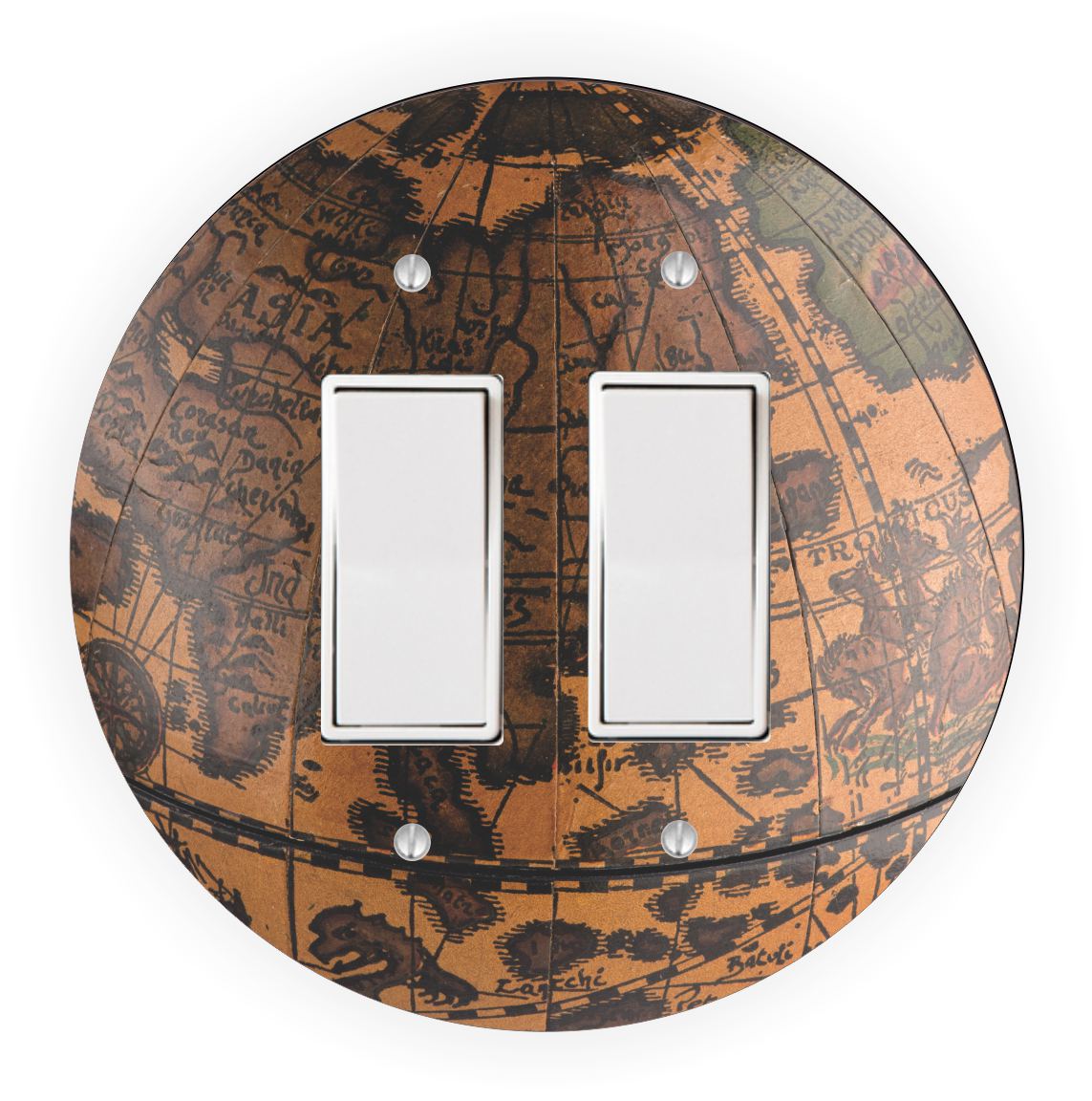 Sam Sandor - Vintage Brown Globe Design - Round Light Switch Plate Cover - Single Rocker