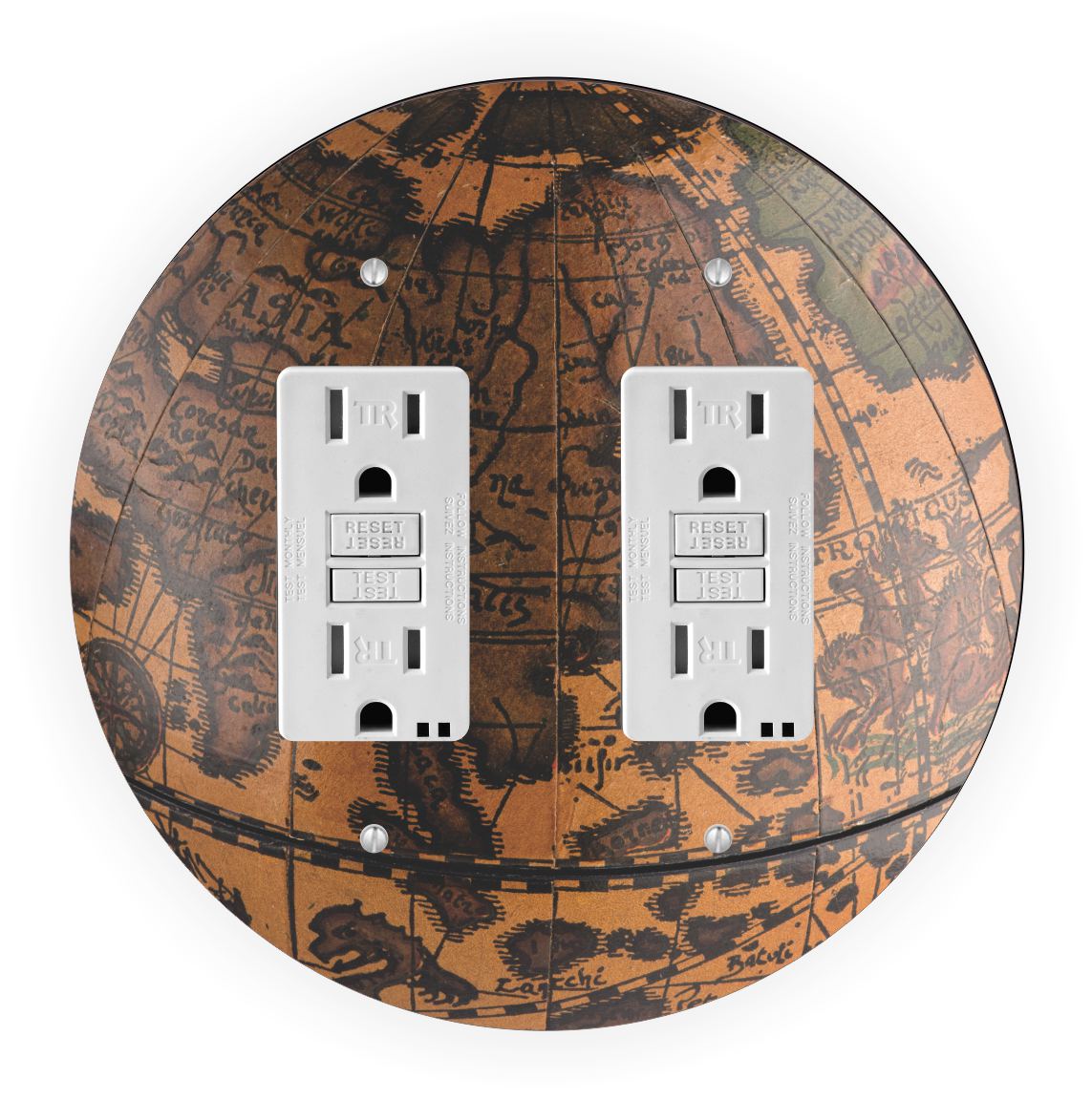 Sam Sandor - Vintage Brown Globe Design - Round Light Switch Plate Cover - Double GFI